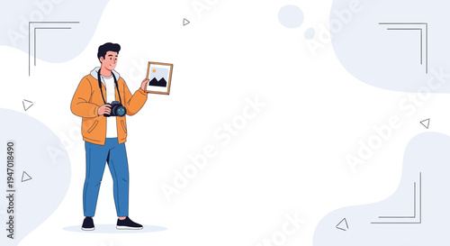 Photographer holding camera and framed landscape photo, creative hobby, artistic pursuit