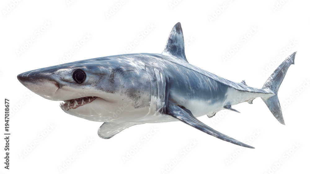 Fototapeta premium Shortfin mako shark swimming, isolated on a white background