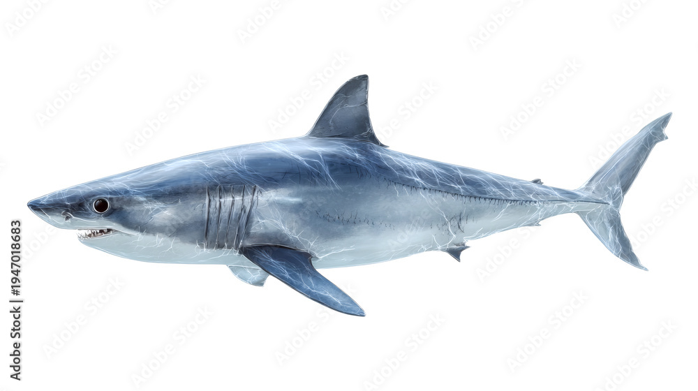 Fototapeta premium Shortfin mako shark swimming, isolated on a white background