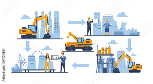 Industrial Production Cycle: Heavy Machinery, Engineers, and Data Management Workflow