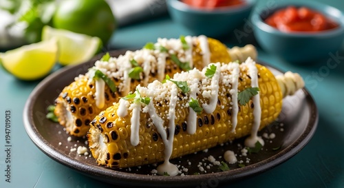 Authentic Mexican Street Corn Elotes with Grilled Corn on the Cob Topped with Creamy Sauce, Crumbled Cotija Cheese, and Fresh Cilantro Served on a Plate with Limes and Salsa in a Teal Background.