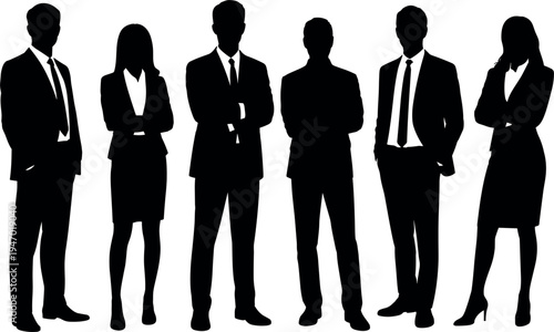 Group of professional business people silhouettes, corporate team vector, successful men and women standing in office suits