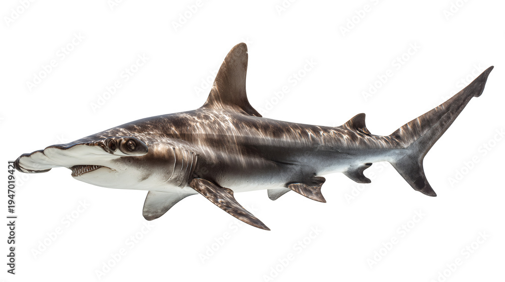 Fototapeta premium Scalloped hammerhead shark swimming, isolated on a white background
