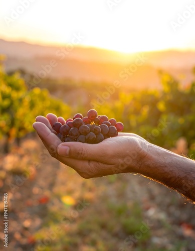 Close-up of a hand cupping ripe grapes during sunset. The vineyard landscape blurs in the background, bathed in golden light