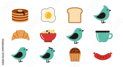 Breakfast food and birds vector illustration