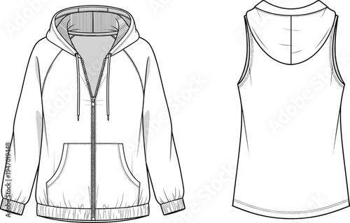 Women’s zip up hoodie technical flat sketch with sleeveless hoodie back view, casual sportswear apparel template, fashion garment vector line drawing