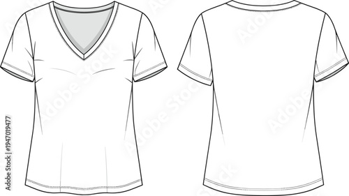 Women’s V neck short sleeve T shirt technical flat sketch with front and back view casual fashion apparel template vector drawing