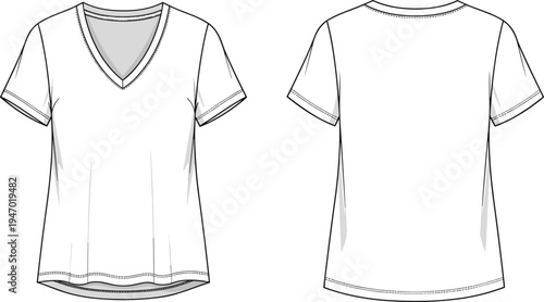 Women’s V neck T shirt technical flat sketch with front and back view, casual apparel template fashion garment vector line drawing