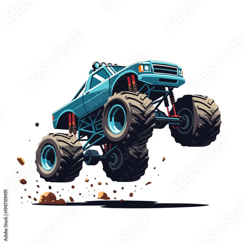 A blue monster truck vector illustration jumps high with large tires and suspension against a clean white background