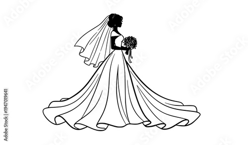 Wedding Bride Silhouette with Bouquet Elegant Bridal Vector Illustration