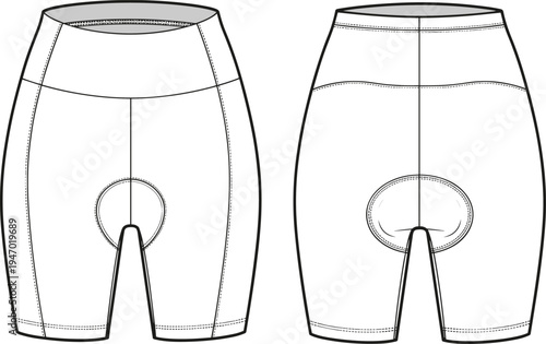 Women’s padded cycling shorts technical flat sketch with front and back view, ergonomic bicycle apparel template, sportswear garment vector line drawing