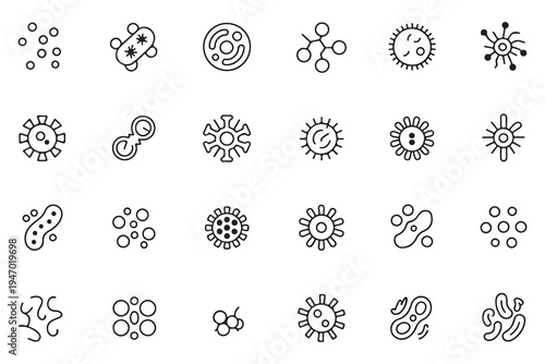 Large Set of 24 Microorganism and Pathogen Line Icons for Science and Healthcare Illustrations