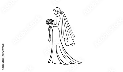 Elegant Bride Silhouette with Bouquet Wedding Dress Vector Illustration