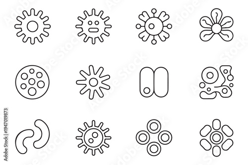Set of microorganism and virus line icons for biological and medical illustrations.