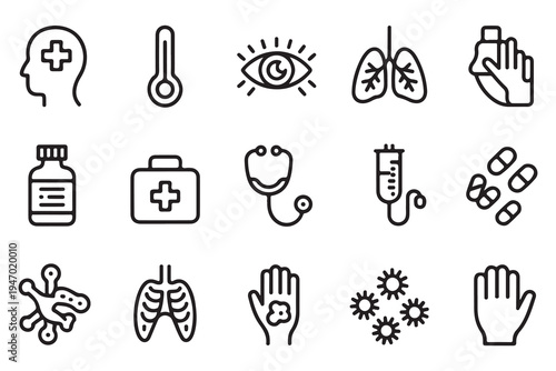 Bold medical and healthcare icons set for clinical and pharmaceutical applications.