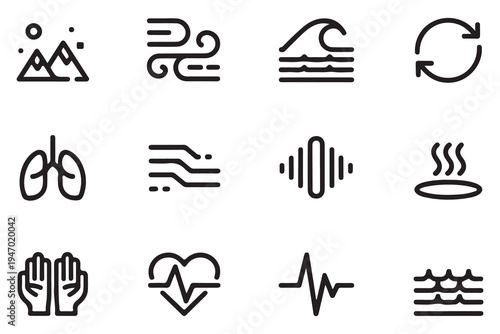 Nature and wellness icon set featuring environmental elements and health symbols.