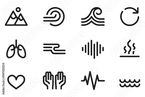 Set of Minimalist Nature and Health Line Icons including Mountains, Waves, Lungs, and Heartbeat