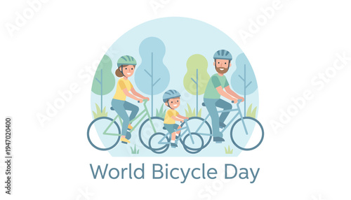 Family riding bicycles on World Bicycle Day in a park with trees