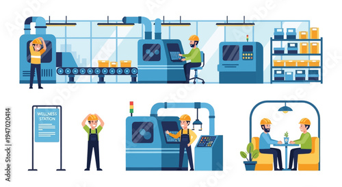 Industrial Production and Employee Wellness in a Modern Factory Setting