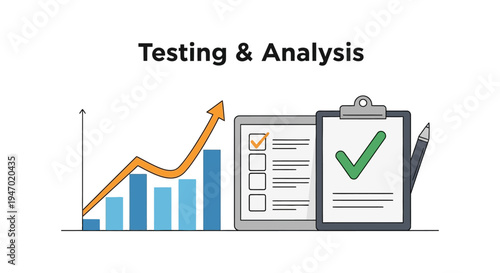 Business Testing, Data Analysis & Quality Assurance Concept. Performance Evaluation, Progress Tracking, and Success Measurement with Checklist & Growth Chart.