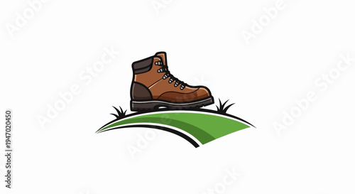 A brown hiking boot rests on stylized green grass hills