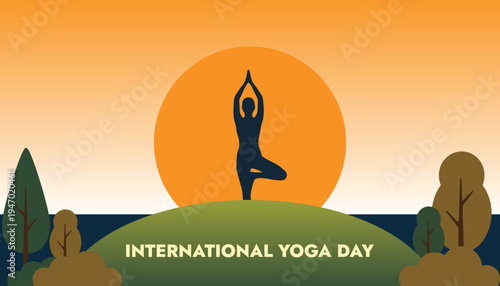 International Yoga Day illustration with person in tree pose on hill at sunset