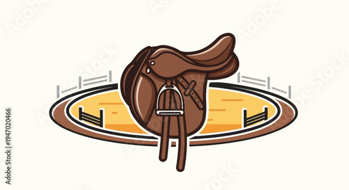 A brown saddle with stirrups rests in a circular arena with a fence