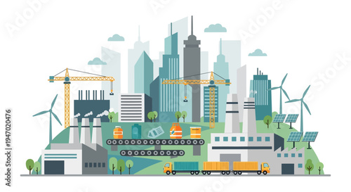 Sustainable Industrial City: Urban Development, Manufacturing, Green Energy, and Logistics Infrastructure Illustration