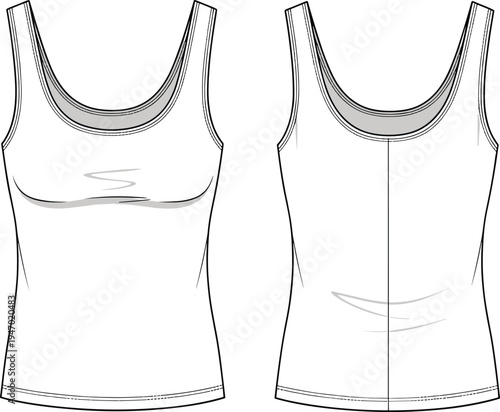 Women sleeveless tank top front and back view fashion flat sketch basic apparel template for clothing design mockup vector illustration