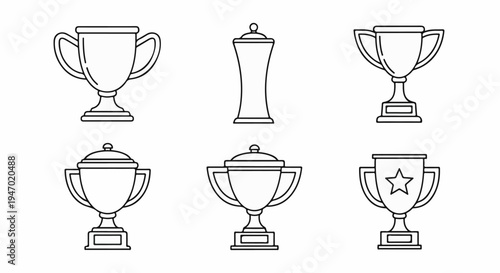 A collection of six line art illustrations of trophies in various styles and sizes