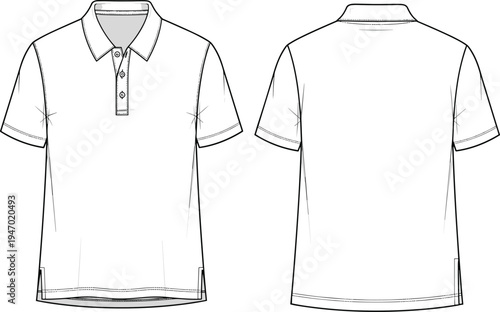 Men’s polo shirt technical flat sketch with front and back view classic collared T shirt apparel template vector line drawing