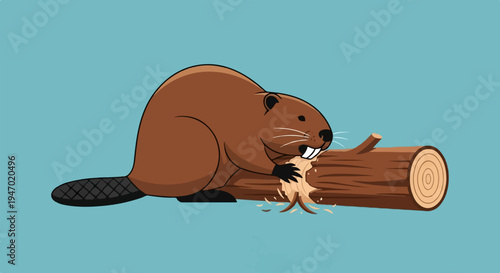 A brown cartoon beaver gnawing on a log, with wood shavings flying