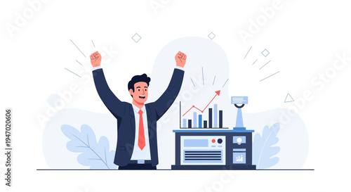 Successful businessman celebrating achievement with rising graph and trophy