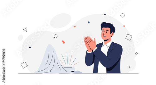 Man Clapping Hands at Grand Opening Ceremony, Product Reveal with Confetti