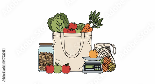 A canvas tote bag overfloweth with fresh vegetables and fruit, beside jars and scales