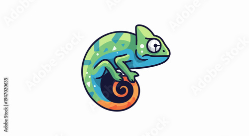 A colorful cartoon chameleon with a swirled tail sits on an invisible perch against a white background