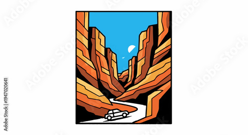 A car drives through a vibrant canyon under a bright blue sky with a crescent moon