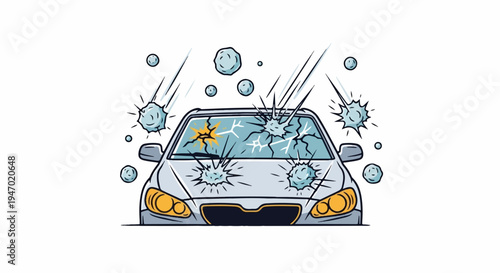 A car's windshield is damaged by falling hailstones