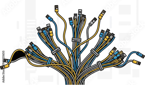 A colorful cluster of network cables with distinct connectors fans out