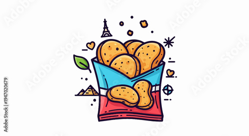A colorful illustration of potato chips spilling from a bag, with playful icons