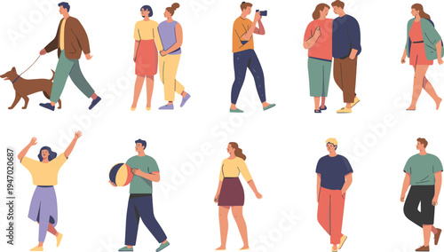 Diverse people walking, casual lifestyle characters, modern flat illustration, everyday activities, men women, urban life, social interaction, lifestyle concept