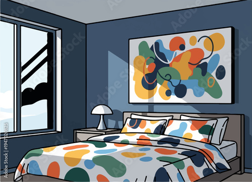 A cozy bedroom with a colorful abstract painting and a large window offering a winter view