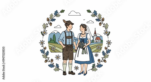 A couple in traditional attire holds hands before a picturesque landscape, framed by oak branches