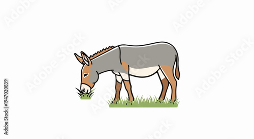 A cartoon donkey is grazing in a field of green grass on a white background