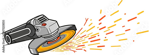 A gray angle grinder emits bright orange and yellow sparks, indicating intense activity and power