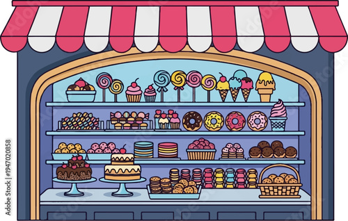 A cartoon depiction of a colorful candy store with various sweets on display