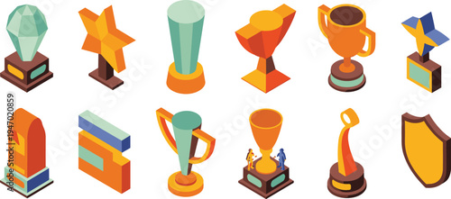 Isometric trophy collection, award icons set, achievement symbols, golden cup prizes, winner reward badges, competition trophies, sports awards illustration