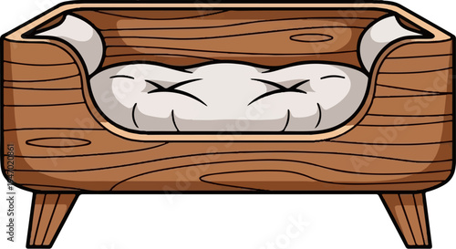 A cozy, cartoon-style wooden dog bed with a plush, white cushion