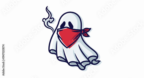 A cartoon ghost wears a red bandana, with wisps of smoke trailing from its side