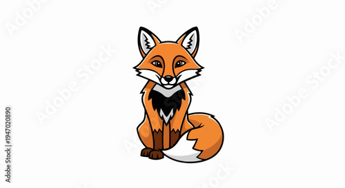 A cartoon fox sits facing forward with a bushy tail curled beside it